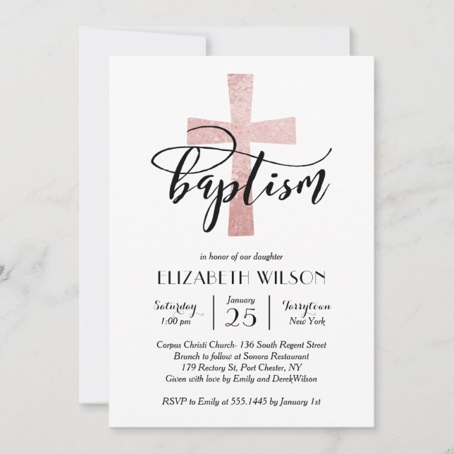 Elegant Blush Cross Baptism Invitation (Front)