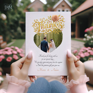 Elegant Blush Dahlias Golden Script Wedding Photo Thank You Card