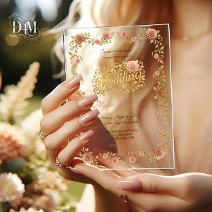 Elegant Blush Dahlias Golden Script Wedding Photos Acrylic Invitations