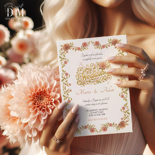 Elegant Blush Dahlias Golden Script Wedding Photos Invitation