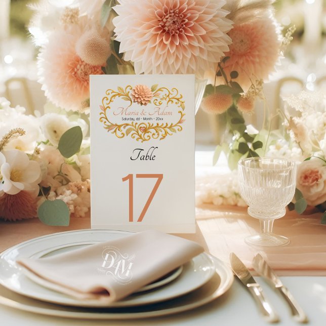 Elegant Blush Dahlias Golden Script Wedding Table Number (Creator Uploaded)