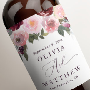 Elegant Blush & Deep Red Floral Wedding   Romantic Wine Label
