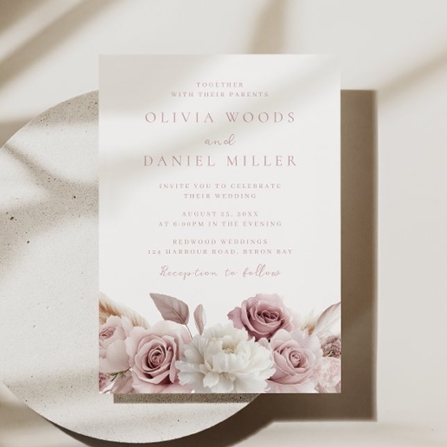 Elegant Blush & Dusty Pink Roses Wedding Invitation (Creator Uploaded)