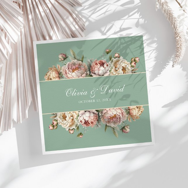Elegant Blush Dusty Rose Peonies Pastel Sage  Napkin (Elegant Blush Dusty Rose Peonies Pastel Sage Paper Dinner Napkins on a sunny boho white table.)