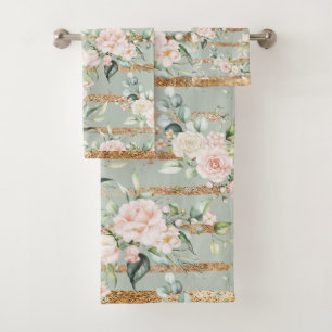Elegant Blush Eucalyptus Sage Green Gold  Bath Towel Set