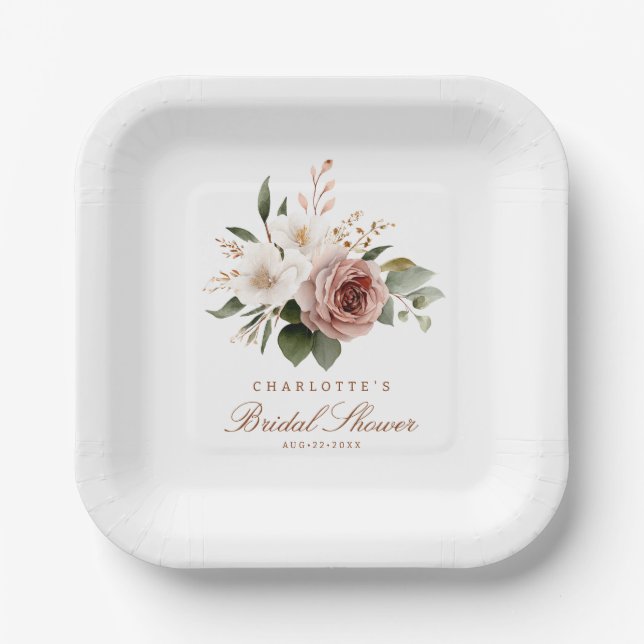 Elegant Blush Fall Bridal Shower Floral  Paper Plate (Front)