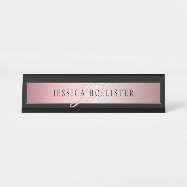 Elegant Blush Faux Rose Gold | Name & Initials Desk Name Plate (Front)