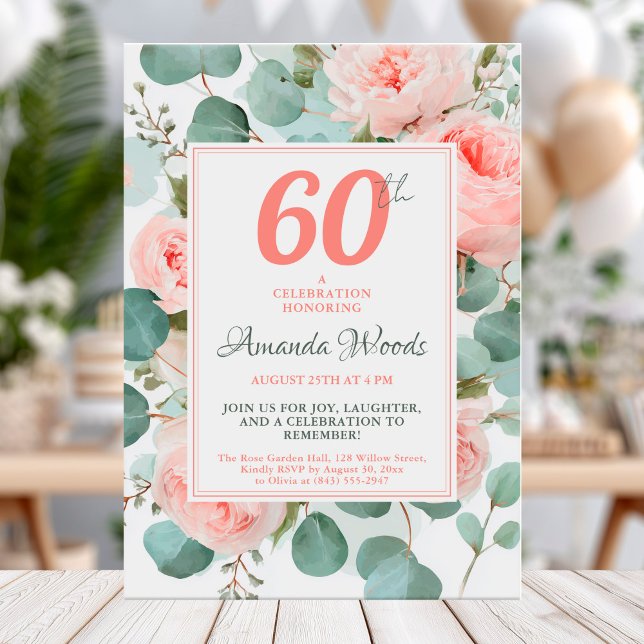 Elegant blush floral 60th birthda invitation (Creator Uploaded)