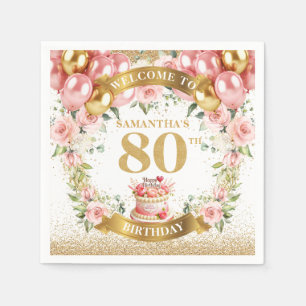 Elegant Blush Floral 80th Birthday Party Napkins