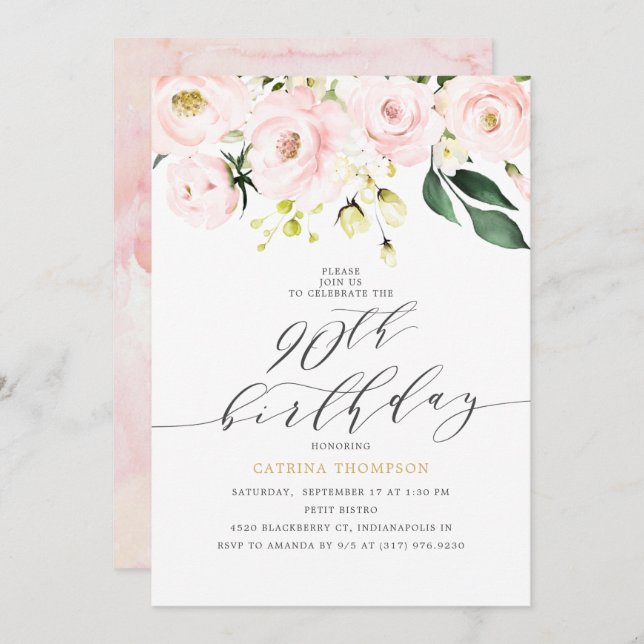 Elegant  Blush Floral and Eucalyptus 90th Birthday Invitation (Front/Back)