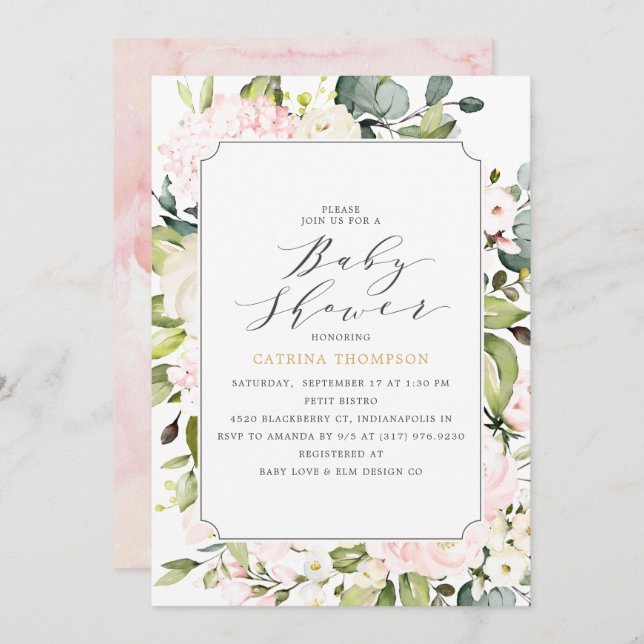 Elegant  Blush Floral and Eucalyptus Baby Shower Invitation (Front/Back)