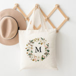 Elegant Blush Floral and White Magnolias Monogram Tote Bag<br><div class="desc">Step up your tote game with our stylish Watercolor Magnolias personalised tote bags. The elegant tote bag features your custom monogram or initial surrounded by a wreath of white magnolias and blush pink watercolor flowers complimented by brown and green leaves. The floral wreath tote bags are perfect for the bride-to-be,...</div>