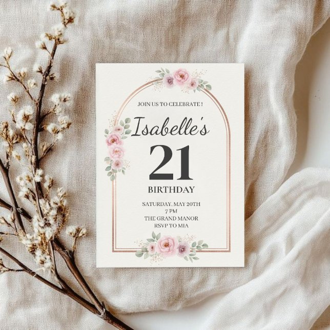 Elegant Blush Floral Arch 21st Birthday Invitation (Creator Uploaded)