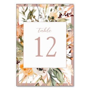 Elegant Blush Floral Autumn Leaves Wedding Table Number