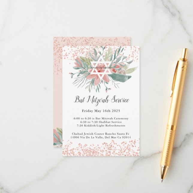 Elegant Blush Floral Bat Mitzvah Service Enclosure Card (Front/Back In Situ)