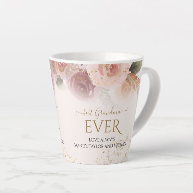 Elegant Blush Floral Best Grandma Ever Gold Stars Latte Mug (Right Angle)