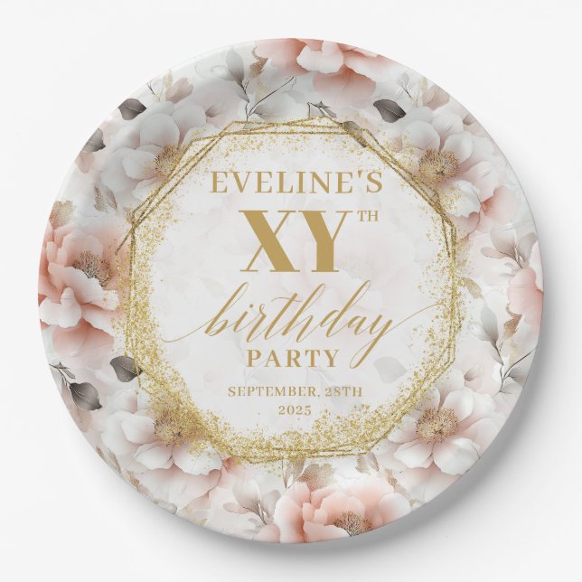 Elegant Blush Floral Birthday Party Paper Plates (Front)