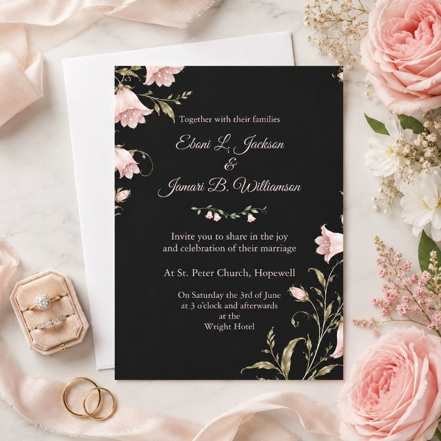 Elegant Blush Floral Black Wedding  Invitation (Creator Uploaded)