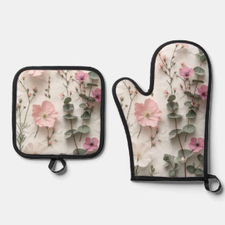 Elegant Blush Floral Botanical Oven Mitts & Pot Ho Oven Mitt & Pot Holder Set