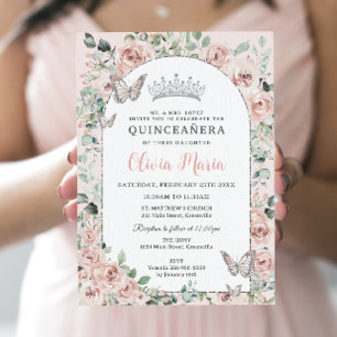 Elegant Blush Floral Butterflies Arch Quinceañera Invitation