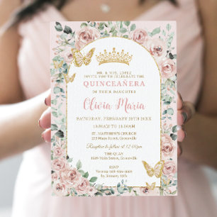 Elegant Blush Floral Butterflies Gold Quinceañera Invitation