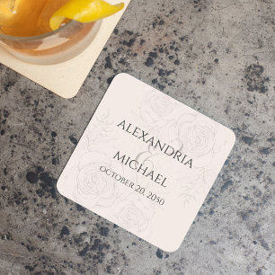 Elegant Blush Floral Calligraphy Script Ampersand Square Paper Coaster
