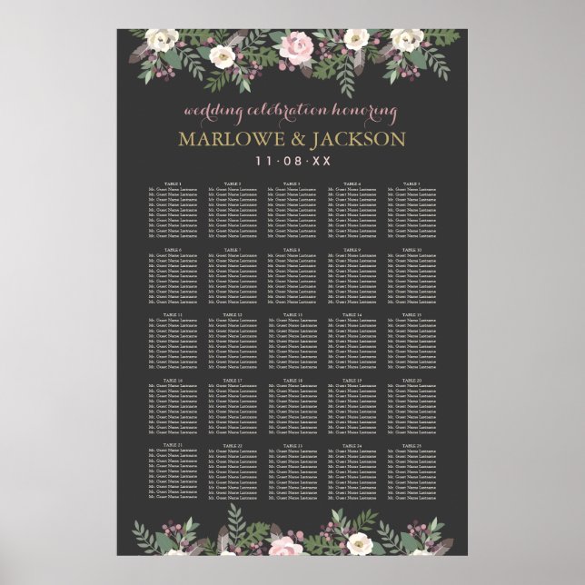 Elegant Blush Floral Charcoal Wedding Seating Poster (Front)