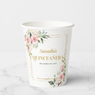 Elegant Blush floral eucalyptus gold quinceanera Paper Cups