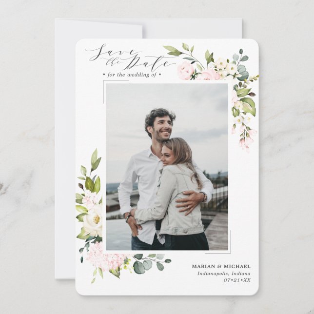 Elegant Blush Floral & Eucalyptus Wedding Save The Date (Front)