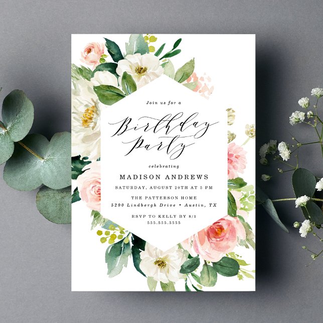 Elegant Blush Floral Frame Birthday Party Invitation (Creator Uploaded)