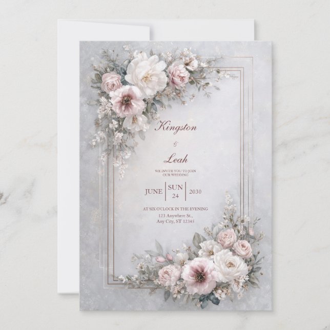 Elegant Blush Floral Frame Wedding  Invitation (Front)