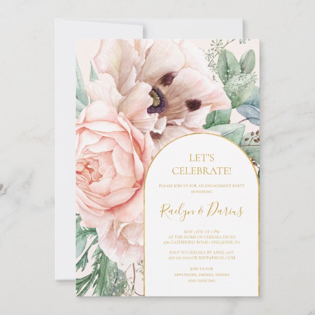Elegant Blush Floral Garden Pastel Let's Celebrate Invitation (Front)