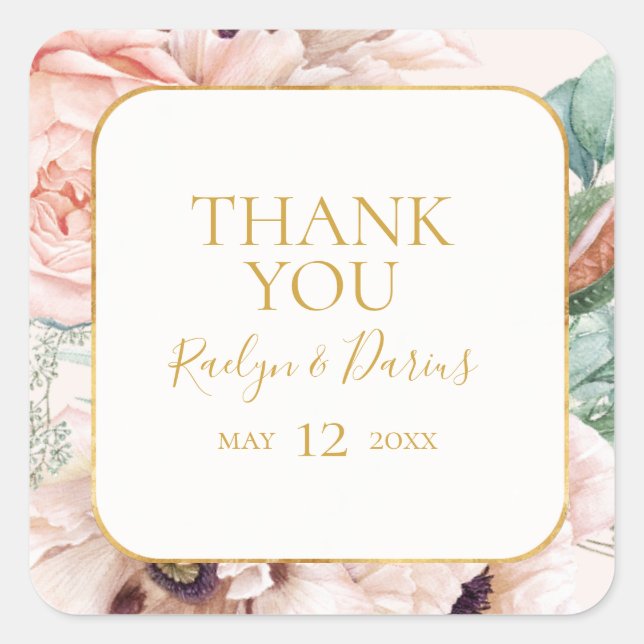 Elegant Blush Floral Garden Pastel Thank You Favou Square Sticker (Front)