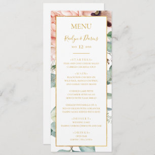 Elegant Blush Floral Garden Wedding Dinner Menu