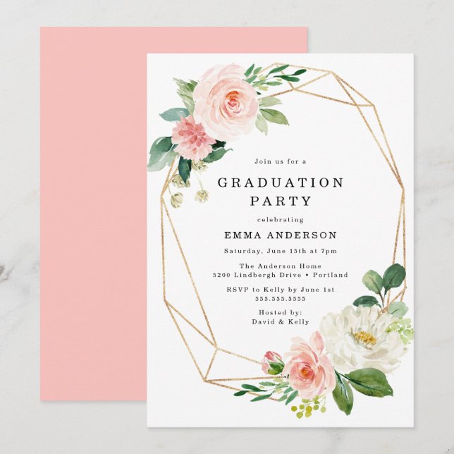 Elegant Blush Floral Gold Frame Graduation Party Invitation (Front/Back)