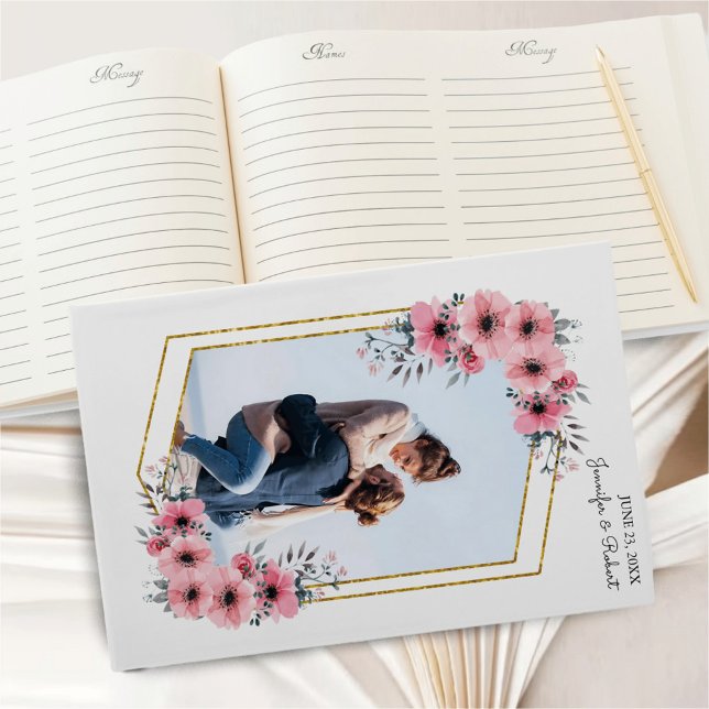 Elegant Blush Floral Gold Frame Photo Wedding Guest Book (Capture memories in style with our Elegant Blush Floral Gold Frame Photo Wedding Guest Book.)