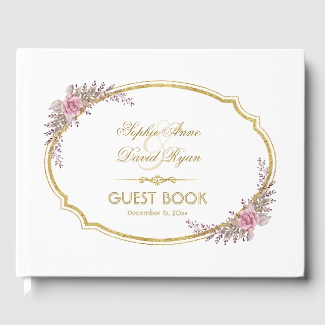 Elegant Blush Floral Gold Frame Wedding Guest Book (Front)