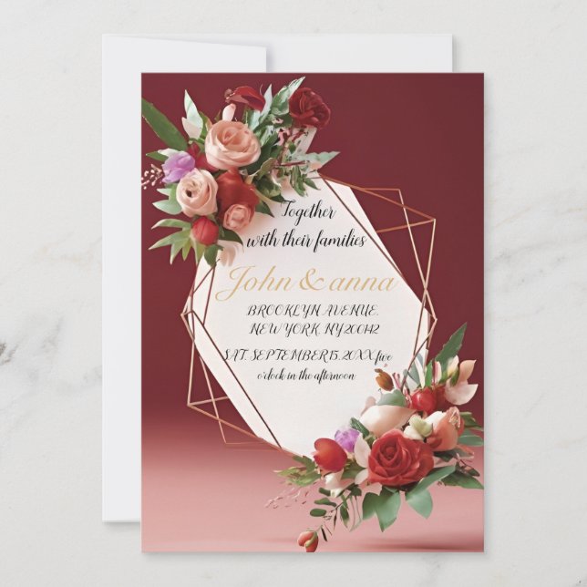 Elegant Blush Floral Gold Frame Wedding Invitation (Front)