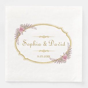 Elegant Blush Floral Gold Frame Wedding Napkin