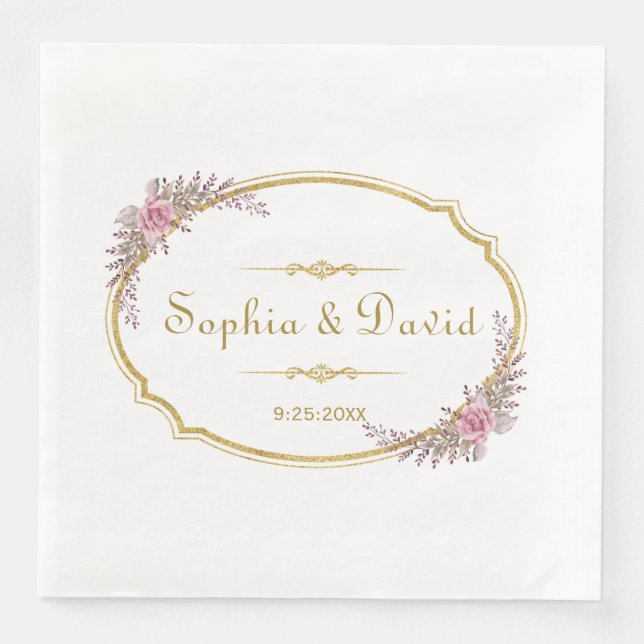 Elegant Blush Floral Gold Frame Wedding Napkin (Front)
