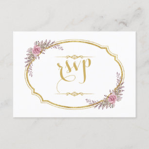Elegant Blush Floral Gold Frame Wedding RSVP Card
