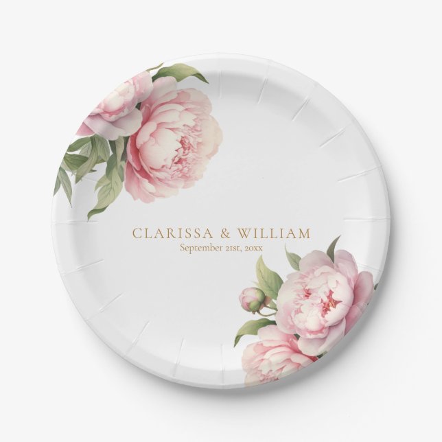Elegant Blush Floral Gold White Modern Wedding Paper Plate (Front)