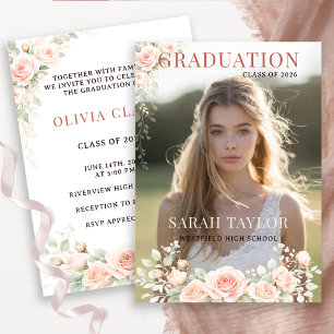 Elegant Blush Floral Graduation Photo Invitation