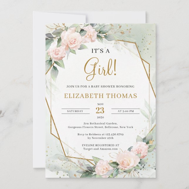 Elegant Blush Floral Greenery Gold It's a Girl Invitation (Front)