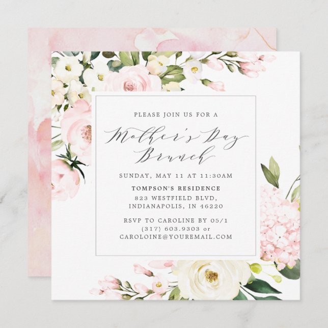 Elegant Blush Floral Greenery Mother's Day Brunch Invitation (Front/Back)