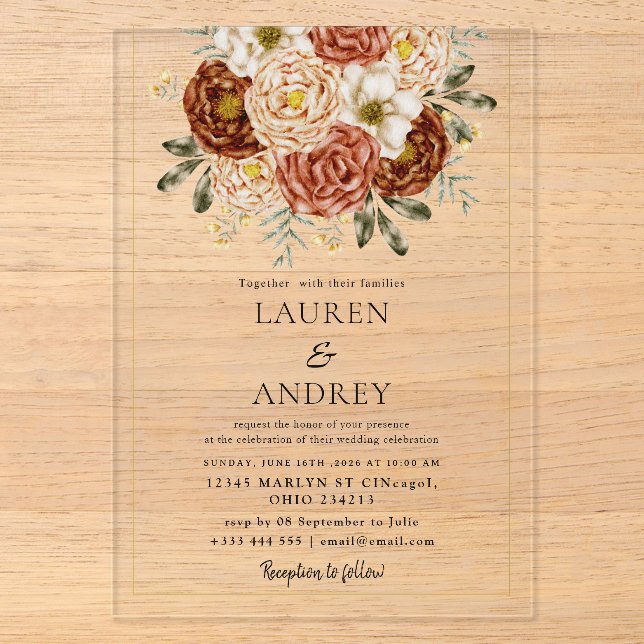 Elegant Blush Floral Modern Wedding Acrylic Invitations (Front)