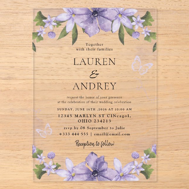 Elegant Blush Floral Modern Wedding Acrylic Invitations (Front)