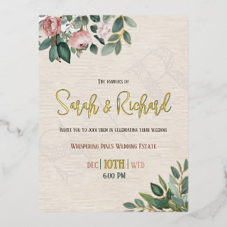 Elegant Blush Floral Monogram Wedding Foil Invitation Postcard