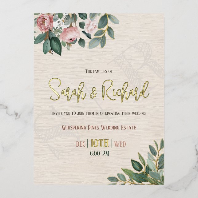Elegant Blush Floral Monogram Wedding Foil Invitation Postcard (Front)
