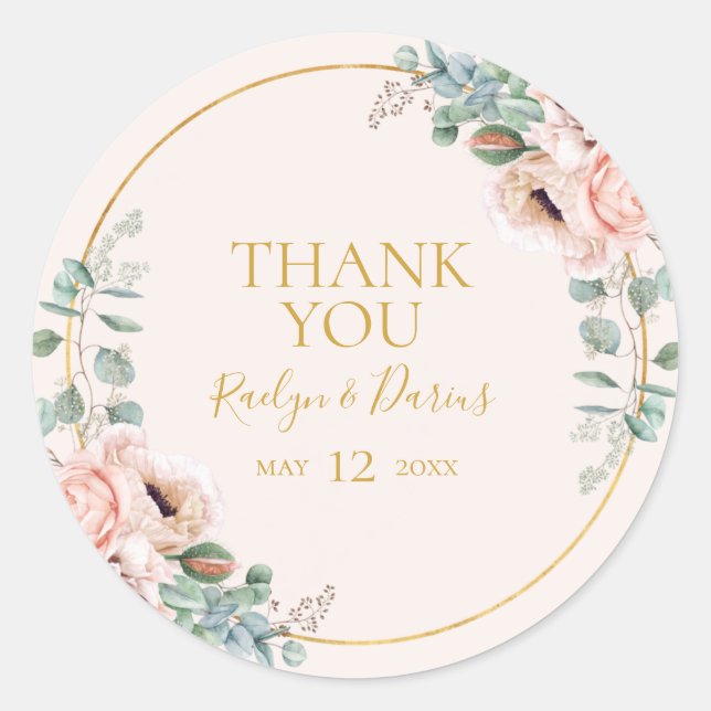 Elegant Blush Floral | Pastel Thank You Favour Classic Round Sticker (Front)